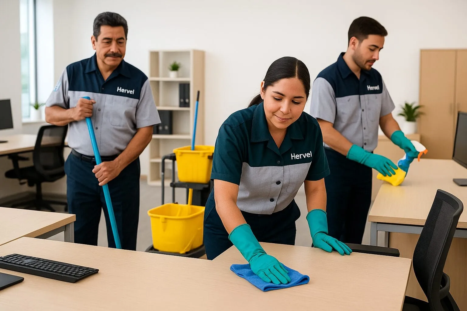 Equipo de Hervel uniformado limpiando una oficina corporativa